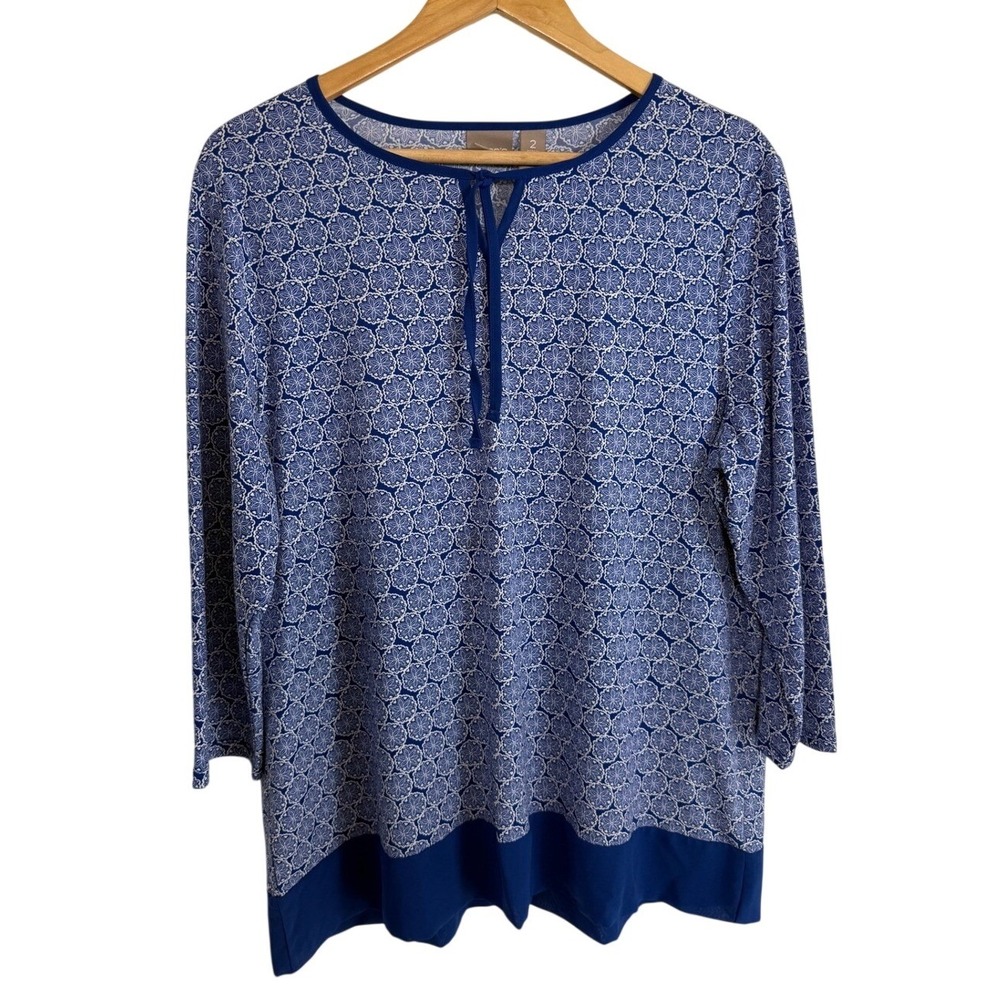 Chico's Geometric Floral Blouse Blue 3/4 Sleeve Boho Coastal Office Size 2 Large